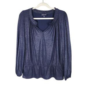 Jones New York Metallic Top Navy Silver Peplum Long Sleeve Pullover Size MP